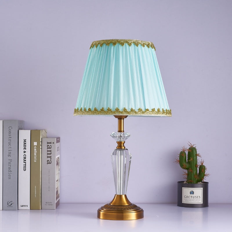 Traditional European Fabric Lampshade Crystal Copper Base 1 - Light Table Lamp For Living Room