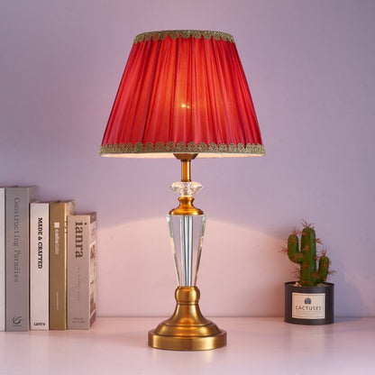 Traditional European Fabric Lampshade Crystal Copper Base 1 - Light Table Lamp For Living Room