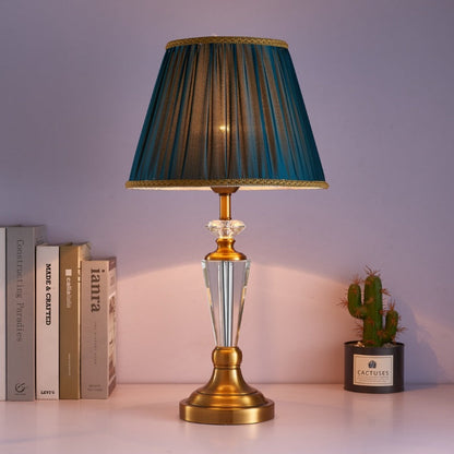 Traditional European Fabric Lampshade Crystal Copper Base 1 - Light Table Lamp For Living Room