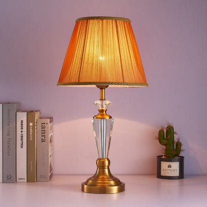 Traditional European Fabric Lampshade Crystal Copper Base 1 - Light Table Lamp For Living Room