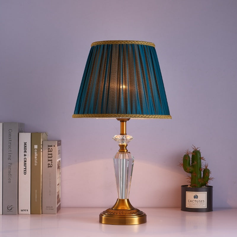 Traditional European Fabric Lampshade Crystal Copper Base 1 - Light Table Lamp For Living Room
