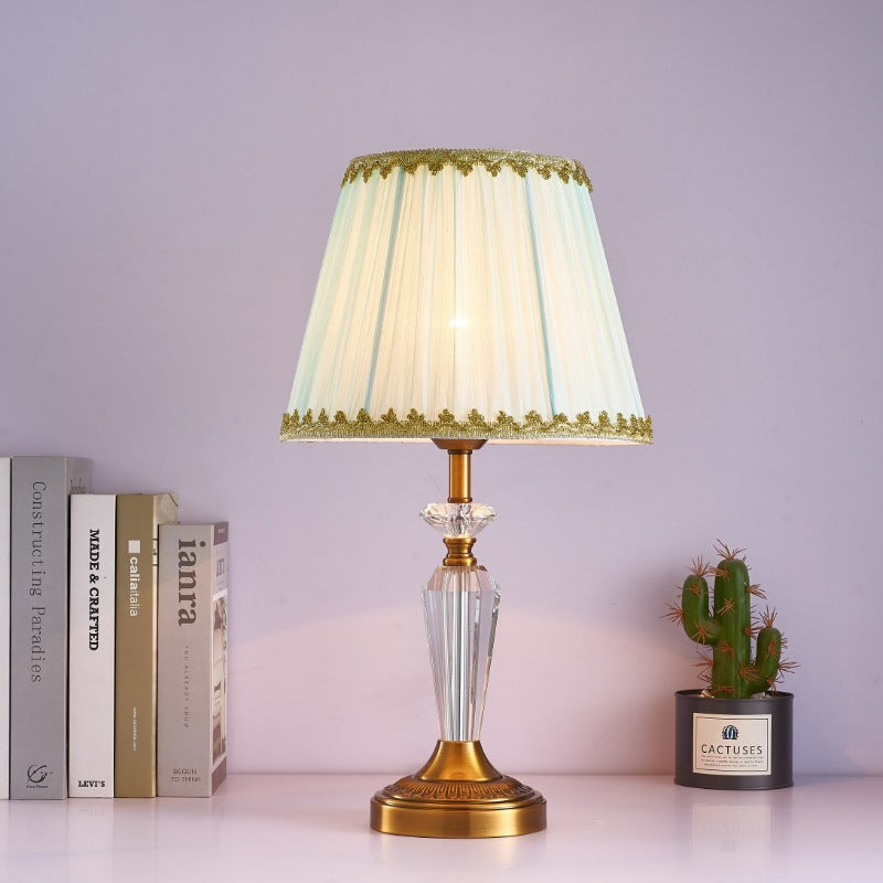Traditional European Fabric Lampshade Crystal Copper Base 1 - Light Table Lamp For Living Room