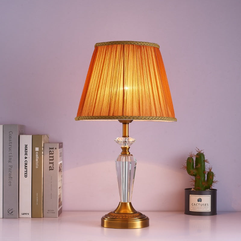 Traditional European Fabric Lampshade Crystal Copper Base 1 - Light Table Lamp For Living Room