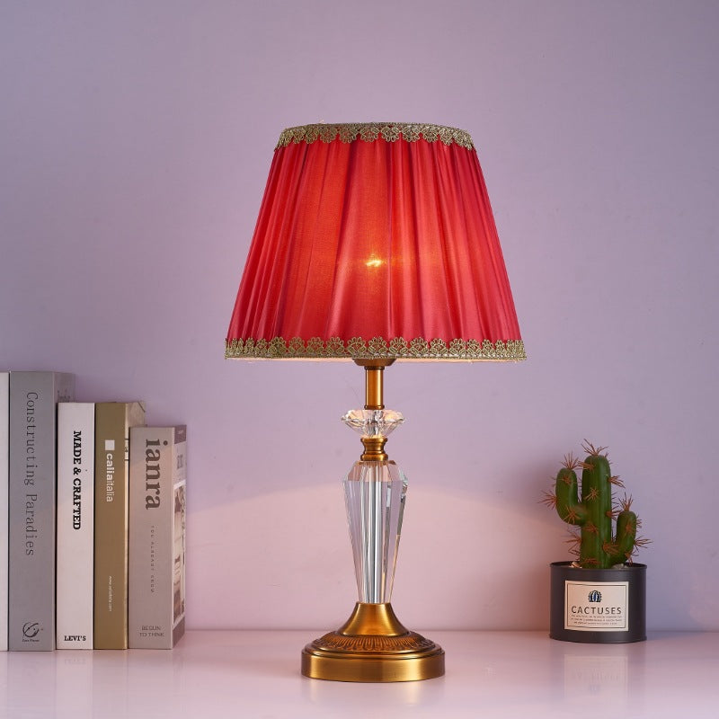 Traditional European Fabric Lampshade Crystal Copper Base 1 - Light Table Lamp For Living Room