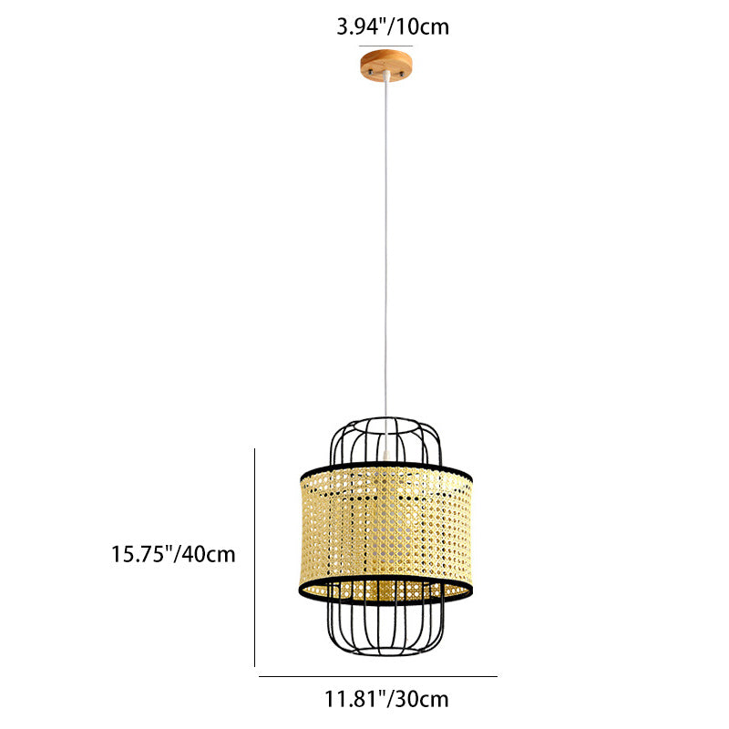 Contemporary Boho Cylinder Plastic Rattan Weaving Iron 1 - Light Pendant Light For Living Room