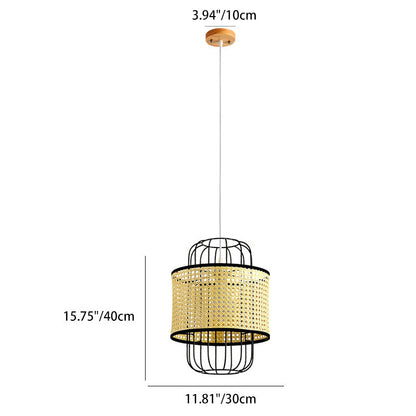 Contemporary Boho Cylinder Plastic Rattan Weaving Iron 1 - Light Pendant Light For Living Room