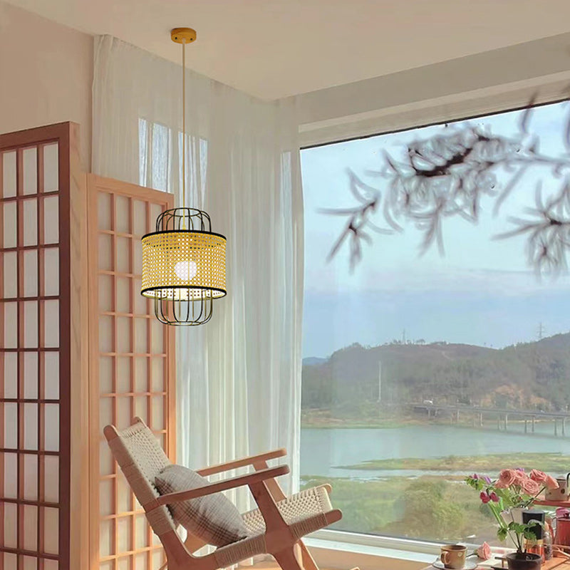 Contemporary Boho Cylinder Plastic Rattan Weaving Iron 1 - Light Pendant Light For Living Room