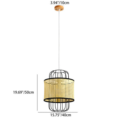 Contemporary Boho Cylinder Plastic Rattan Weaving Iron 1 - Light Pendant Light For Living Room