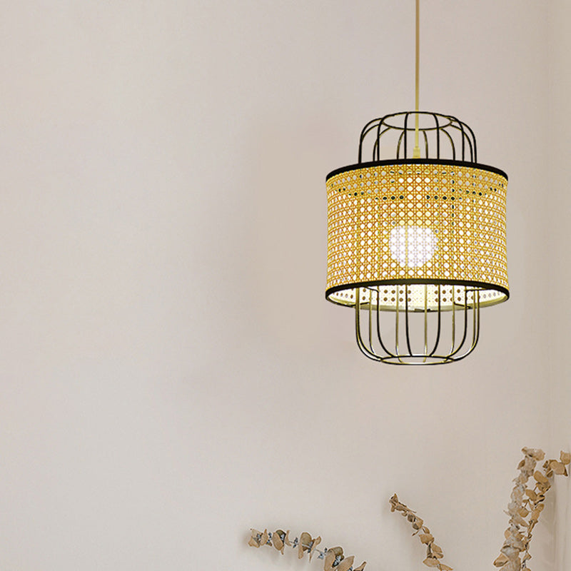 Contemporary Boho Cylinder Plastic Rattan Weaving Iron 1 - Light Pendant Light For Living Room