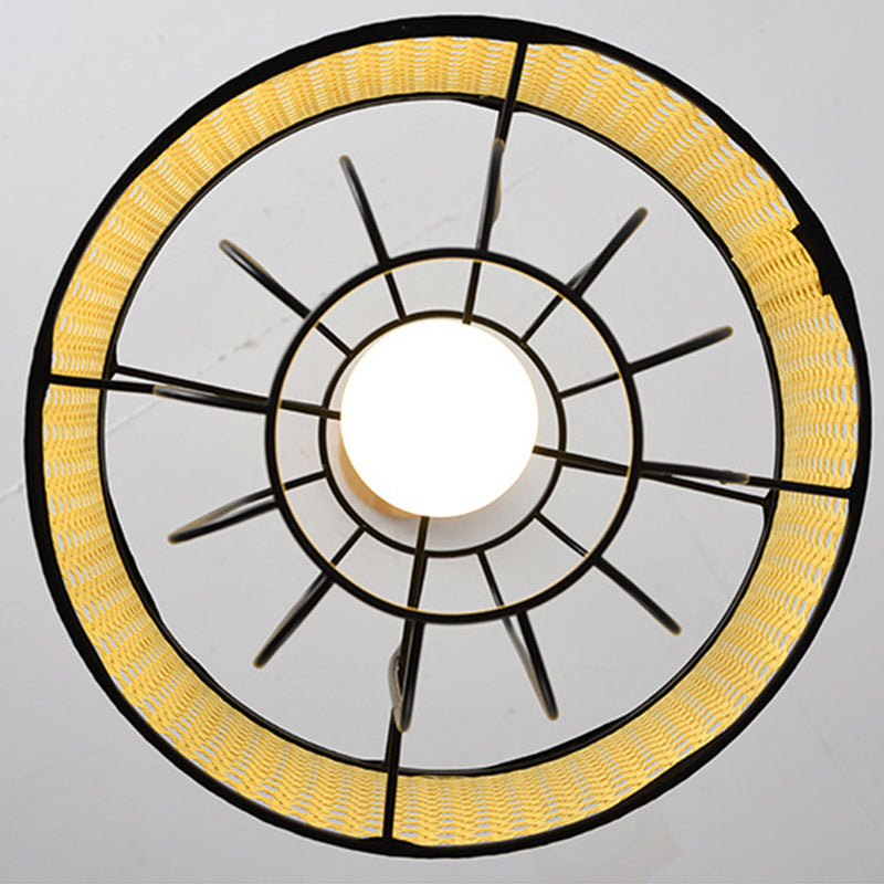 Contemporary Boho Cylinder Plastic Rattan Weaving Iron 1 - Light Pendant Light For Living Room