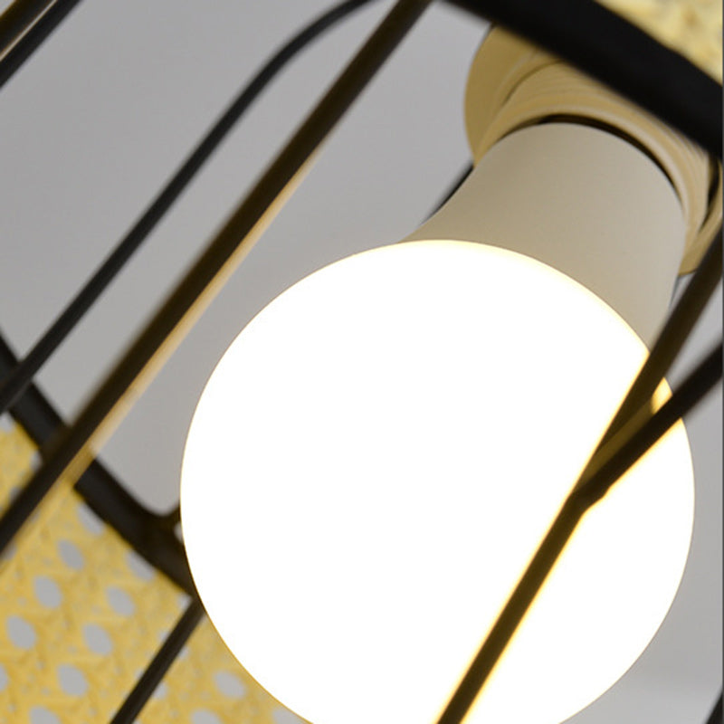 Contemporary Boho Cylinder Plastic Rattan Weaving Iron 1 - Light Pendant Light For Living Room