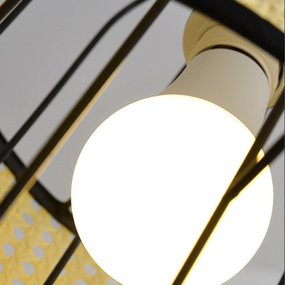 Contemporary Boho Cylinder Plastic Rattan Weaving Iron 1 - Light Pendant Light For Living Room