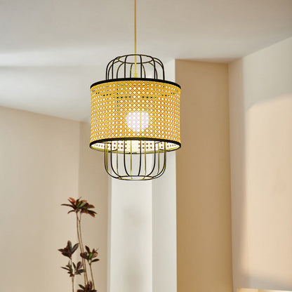 Contemporary Boho Cylinder Plastic Rattan Weaving Iron 1 - Light Pendant Light For Living Room