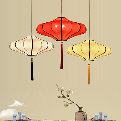 Traditional Chinese Lantern Shape Fabric Lampshade Hardware 1/3 - Light Chandelier For Dining Room