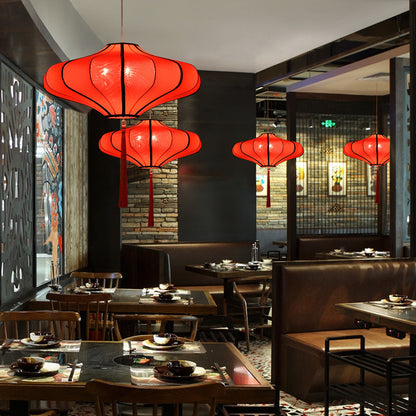 Traditional Chinese Lantern Shape Fabric Lampshade Hardware 1/3 - Light Chandelier For Dining Room