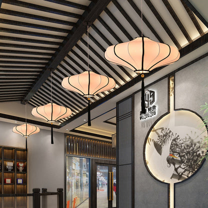 Traditional Chinese Lantern Shape Fabric Lampshade Hardware 1/3 - Light Chandelier For Dining Room