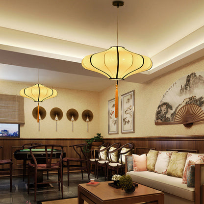 Traditional Chinese Lantern Shape Fabric Lampshade Hardware 1/3 - Light Chandelier For Dining Room