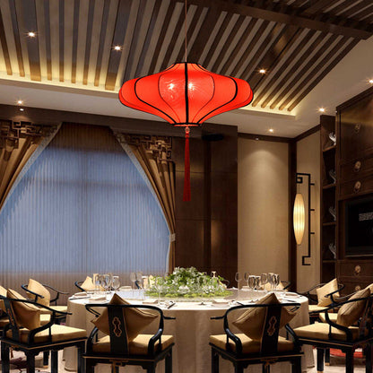 Traditional Chinese Lantern Shape Fabric Lampshade Hardware 1/3 - Light Chandelier For Dining Room