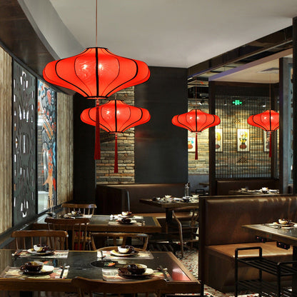 Traditional Chinese Lantern Shape Fabric Lampshade Hardware 1/3 - Light Chandelier For Dining Room