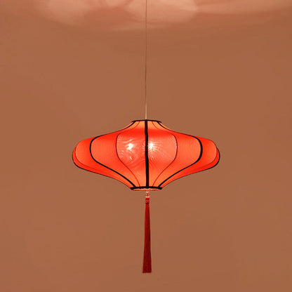 Traditional Chinese Lantern Shape Fabric Lampshade Hardware 1/3 - Light Chandelier For Dining Room