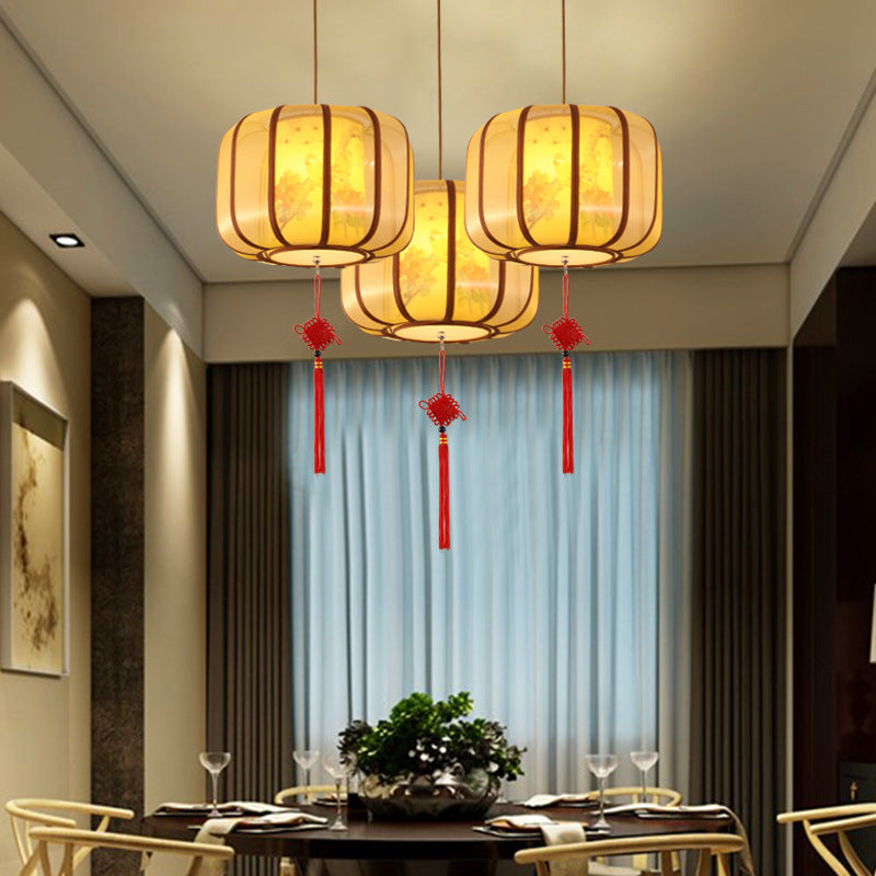 Traditional Chinese Lotus Cylinder Lantern Fabric Lampshade Iron 1 - Light Chandelier For Living Room
