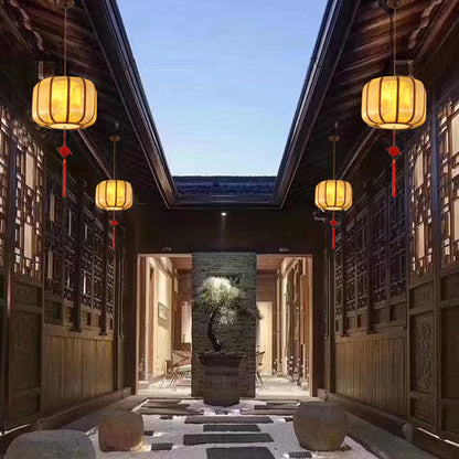 Traditional Chinese Lotus Cylinder Lantern Fabric Lampshade Iron 1 - Light Chandelier For Living Room