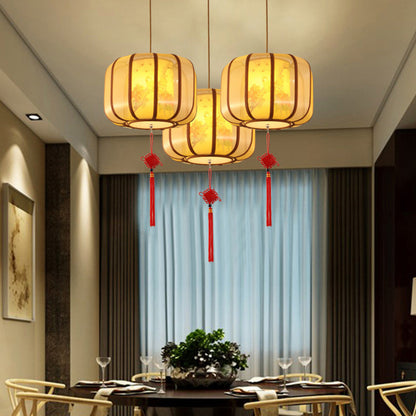 Traditional Chinese Lotus Cylinder Lantern Fabric Lampshade Iron 1 - Light Chandelier For Living Room