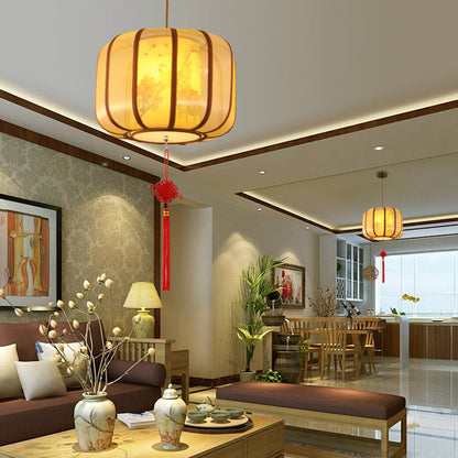 Traditional Chinese Lotus Cylinder Lantern Fabric Lampshade Iron 1 - Light Chandelier For Living Room