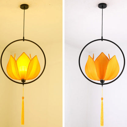 Traditional Chinese Lotus Cylinder Lantern Fabric Lampshade Iron 1 - Light Chandelier For Living Room