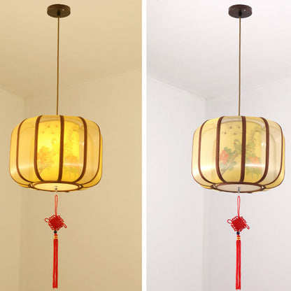 Traditional Chinese Lotus Cylinder Lantern Fabric Lampshade Iron 1 - Light Chandelier For Living Room
