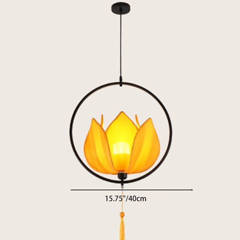 Traditional Chinese Lotus Cylinder Lantern Fabric Lampshade Iron 1 - Light Chandelier For Living Room