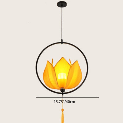 Traditional Chinese Lotus Cylinder Lantern Fabric Lampshade Iron 1 - Light Chandelier For Living Room