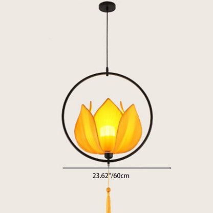 Traditional Chinese Lotus Cylinder Lantern Fabric Lampshade Iron 1 - Light Chandelier For Living Room