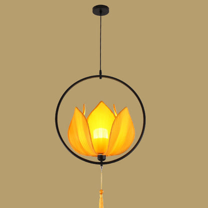 Traditional Chinese Lotus Cylinder Lantern Fabric Lampshade Iron 1 - Light Chandelier For Living Room