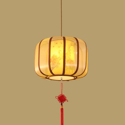Traditional Chinese Lotus Cylinder Lantern Fabric Lampshade Iron 1 - Light Chandelier For Living Room