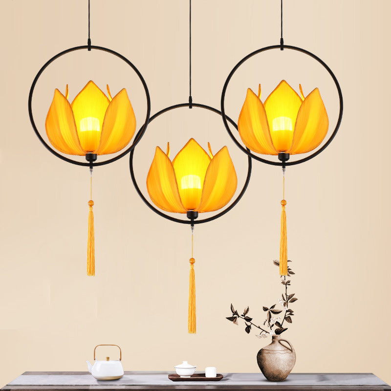 Traditional Chinese Lotus Cylinder Lantern Fabric Lampshade Iron 1 - Light Chandelier For Living Room