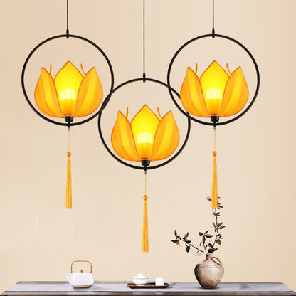 Traditional Chinese Lotus Cylinder Lantern Fabric Lampshade Iron 1 - Light Chandelier For Living Room