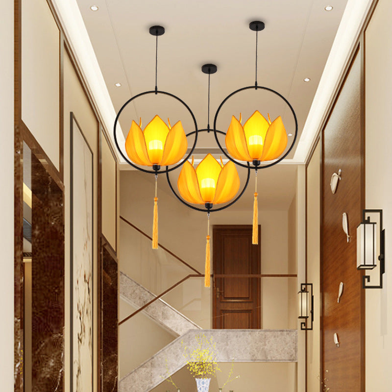 Traditional Chinese Lotus Cylinder Lantern Fabric Lampshade Iron 1 - Light Chandelier For Living Room