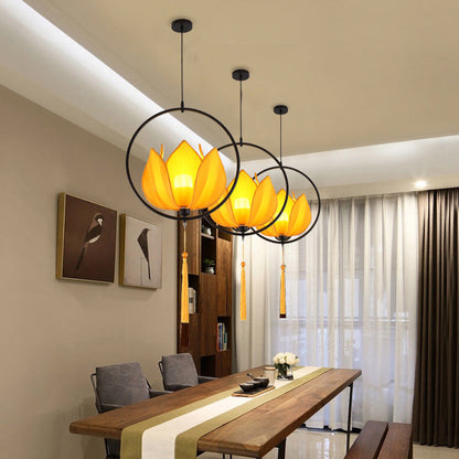 Traditional Chinese Lotus Cylinder Lantern Fabric Lampshade Iron 1 - Light Chandelier For Living Room