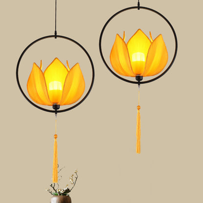 Traditional Chinese Lotus Cylinder Lantern Fabric Lampshade Iron 1 - Light Chandelier For Living Room