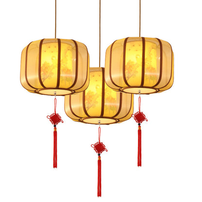 Traditional Chinese Lotus Cylinder Lantern Fabric Lampshade Iron 1 - Light Chandelier For Living Room