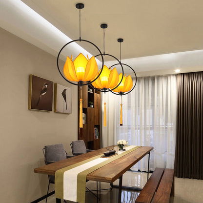 Traditional Chinese Lotus Cylinder Lantern Fabric Lampshade Iron 1 - Light Chandelier For Living Room