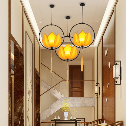 Traditional Chinese Lotus Cylinder Lantern Fabric Lampshade Iron 1 - Light Chandelier For Living Room