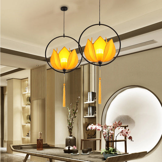 Traditional Chinese Lotus Cylinder Lantern Fabric Lampshade Iron 1 - Light Chandelier For Living Room