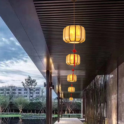 Traditional Chinese Lotus Cylinder Lantern Fabric Lampshade Iron 1 - Light Chandelier For Living Room