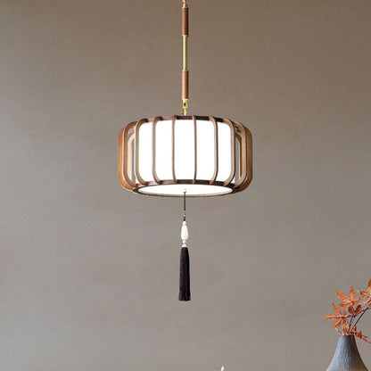 Traditional Chinese Lantern Shape Acrylic Lampshade Walnut Brass 3/5 - Light Chandelier For Dining Room