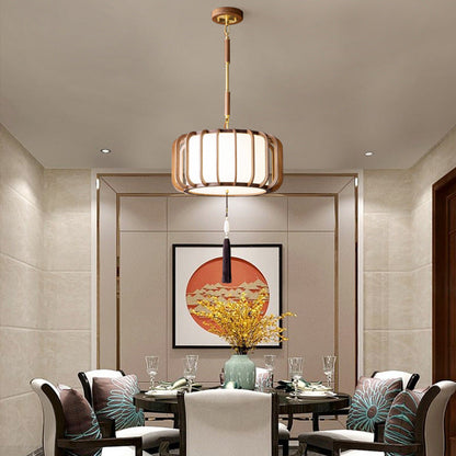 Traditional Chinese Lantern Shape Acrylic Lampshade Walnut Brass 3/5 - Light Chandelier For Dining Room