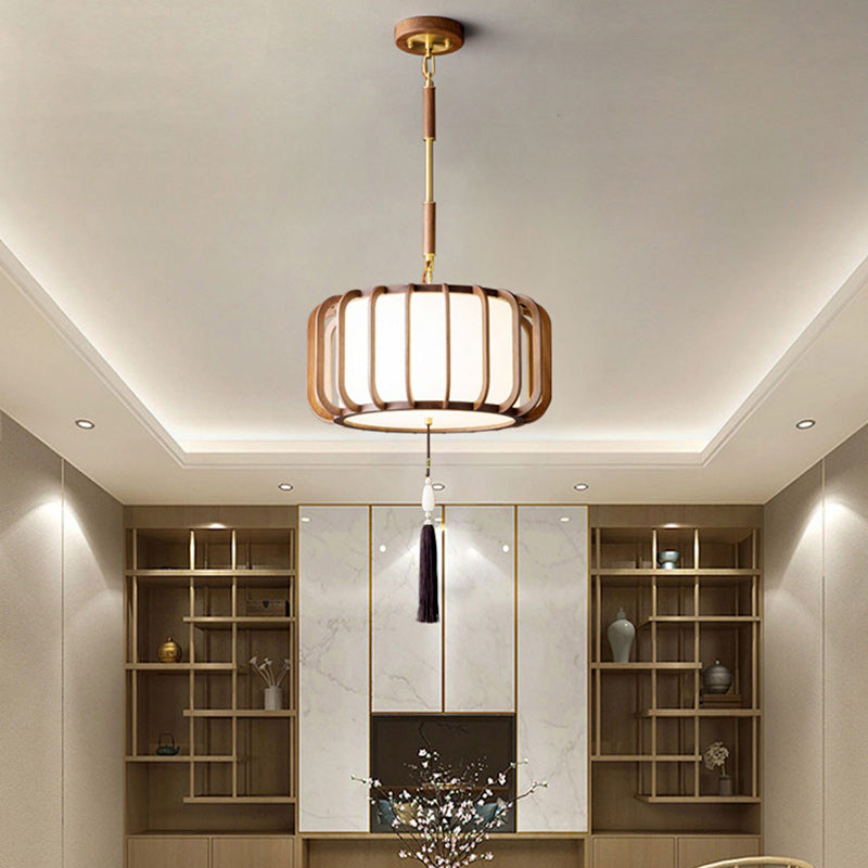 Traditional Chinese Lantern Shape Acrylic Lampshade Walnut Brass 3/5 - Light Chandelier For Dining Room