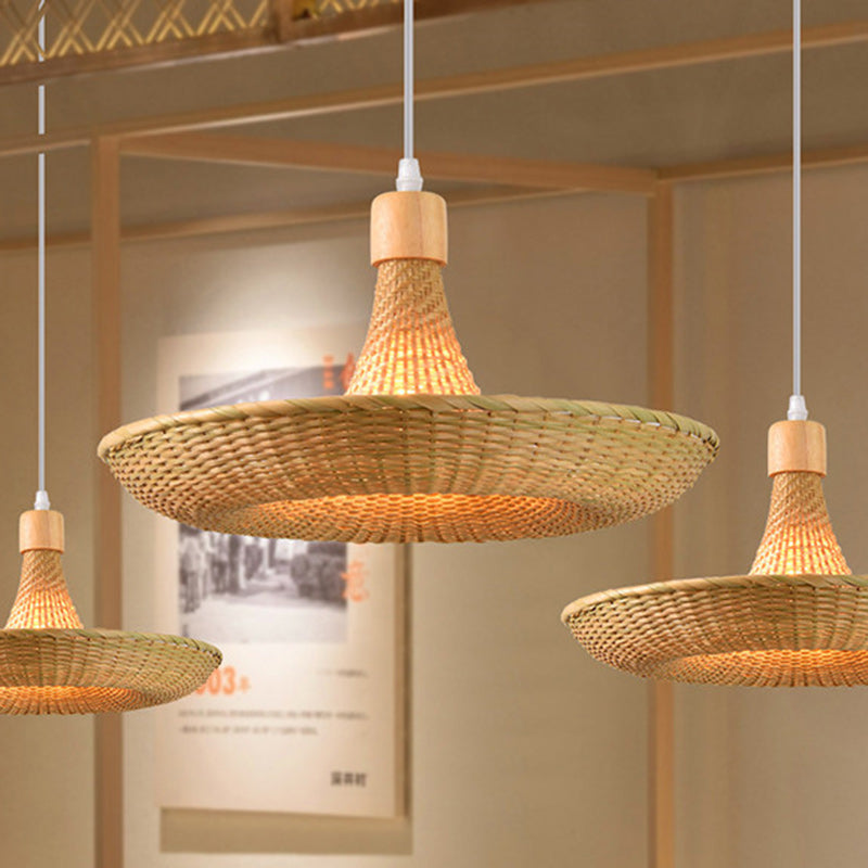 Contemporary Boho Hat Shape Bamboo Weaving Iron 1 - Light Pendant Light For Dining Room