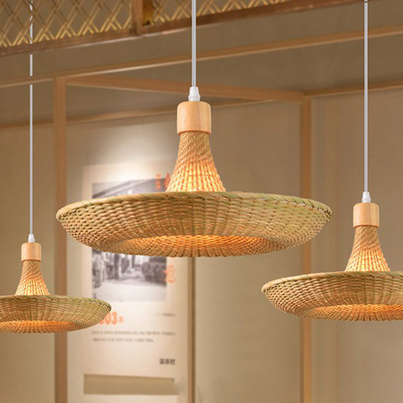 Contemporary Boho Hat Shape Bamboo Weaving Iron 1 - Light Pendant Light For Dining Room